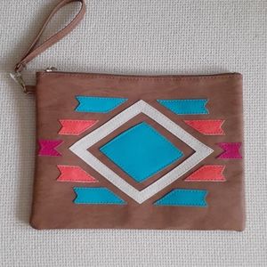 Aztec design brown clutch bag with wristlet